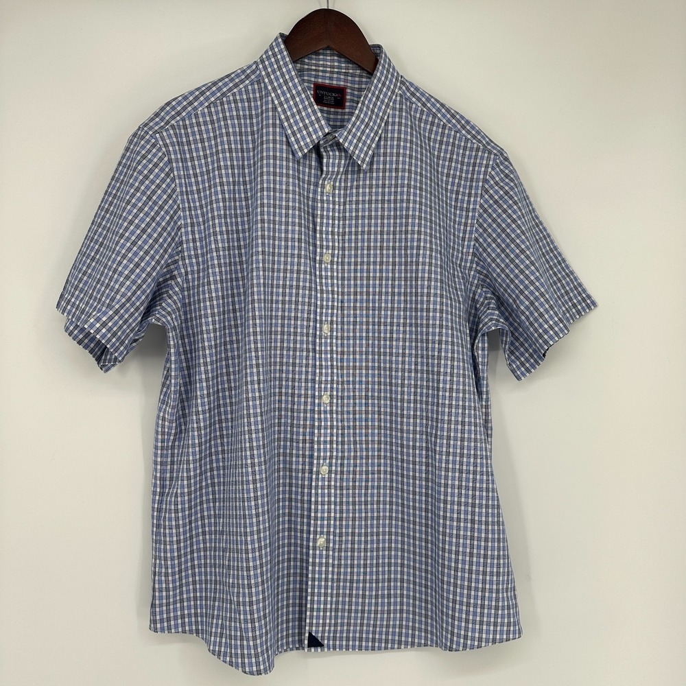 Untuckit Blue Plaid button up down shirt short sleeve XL top Cotton
